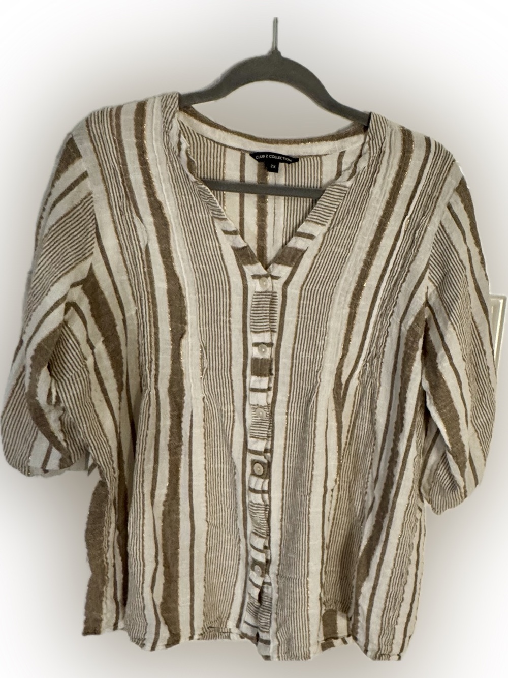 Club Z Collection Striped Button Front Top | 2X | Cotton | Roll Tab Sleeves